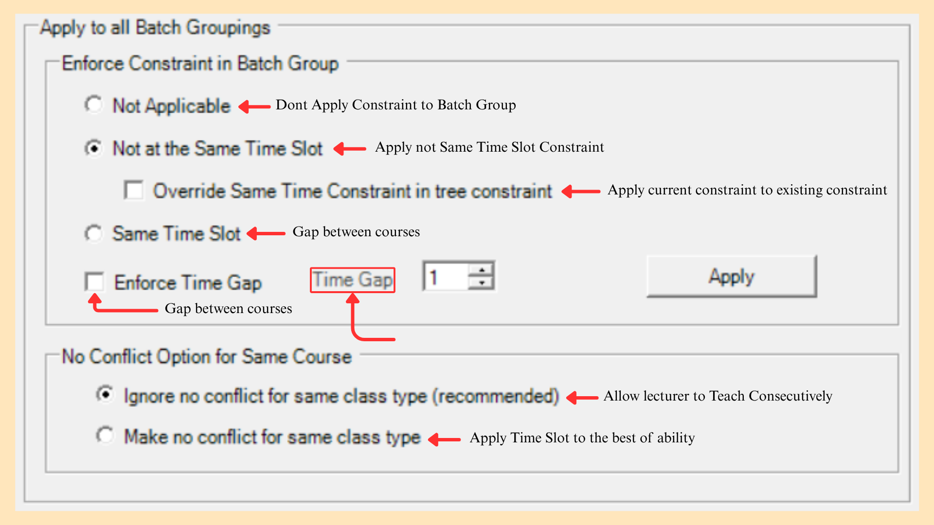 Apply to all Batch Groupings panel with Enforce Constraint in Batch Group and No Conflict Option for Same Course