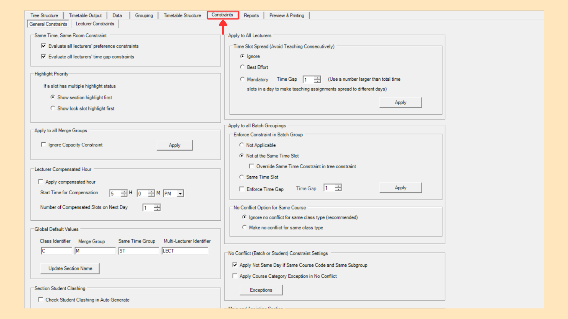 General Constraints tab showing all of its panels