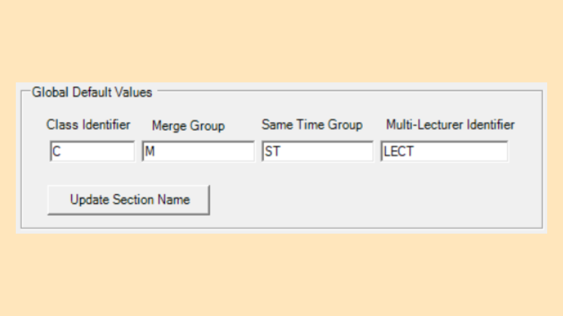 Global Default Values panel with four identifier fields and the Update Section Name button