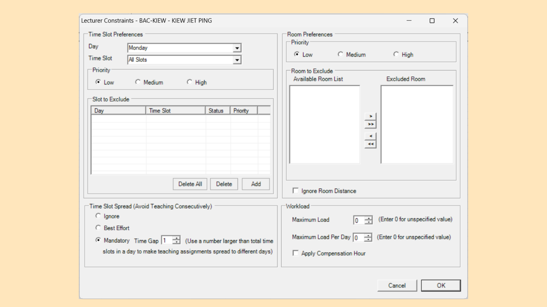 Lecturer Constraints window showing the Time Slot Preferences, Room Preferences, Time Slot Spread and Workload panels