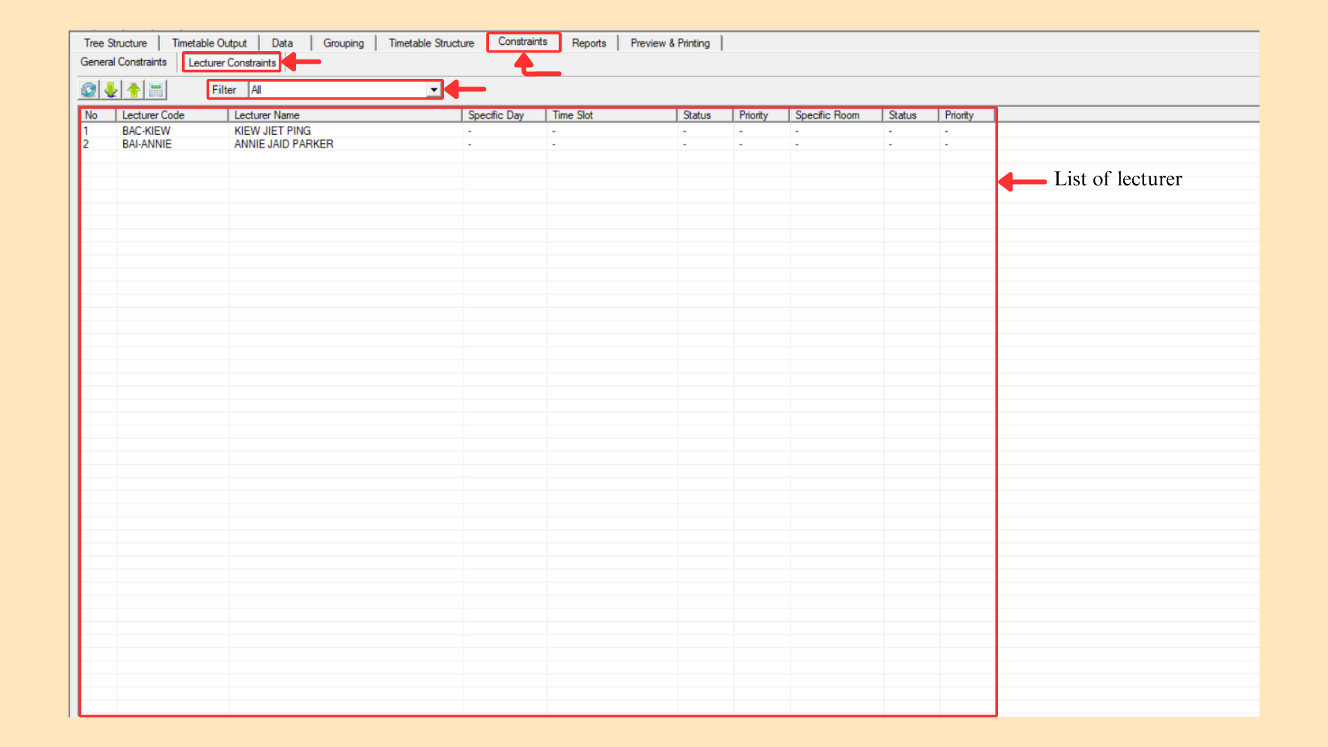 Lecturer Constraints sub-tab showing the lecturer list and the Filter dropdown