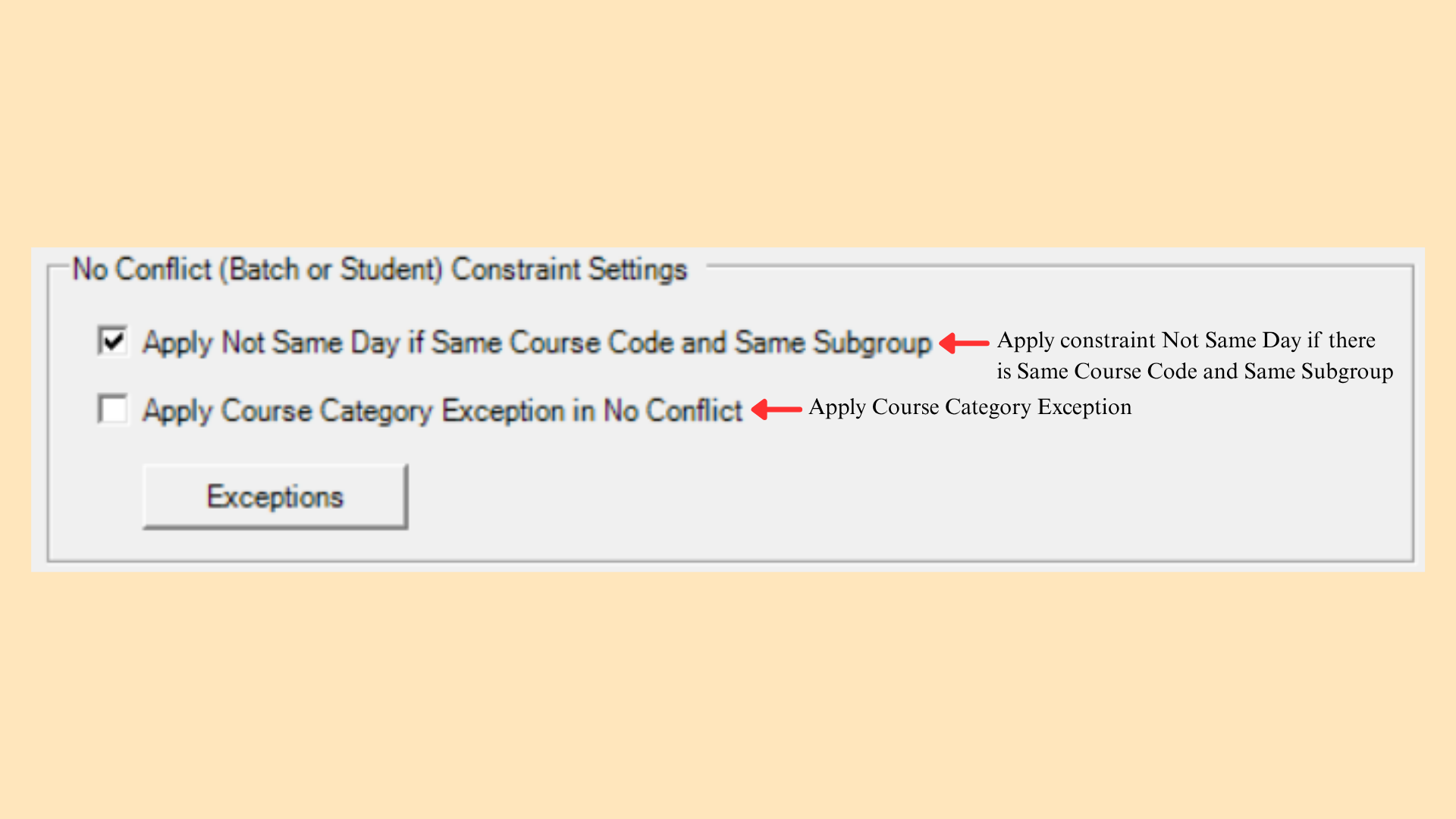 No Conflict Batch or Student Constraint Settings panel with two checkboxes and the Exceptions button