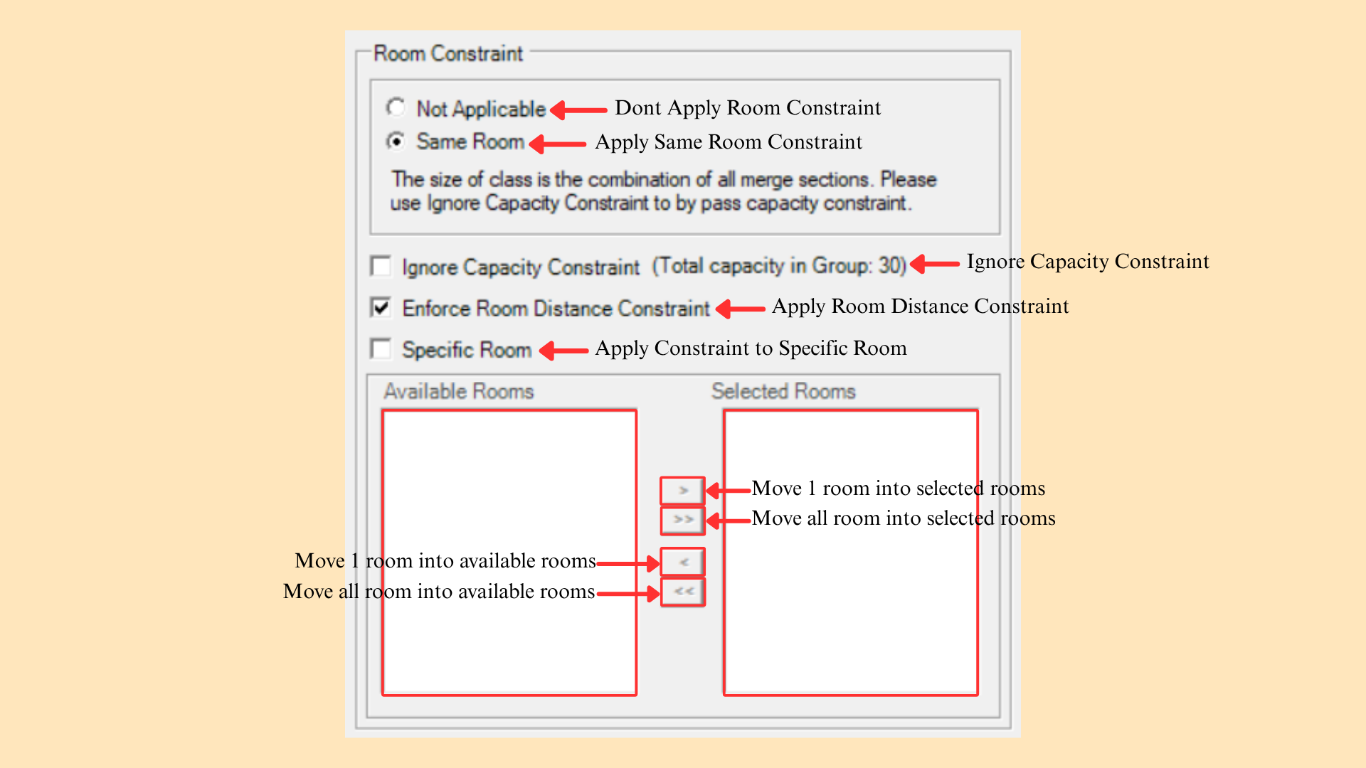 Room Constraint panel showing the constraint modes and the Available Rooms and Selected Rooms lists