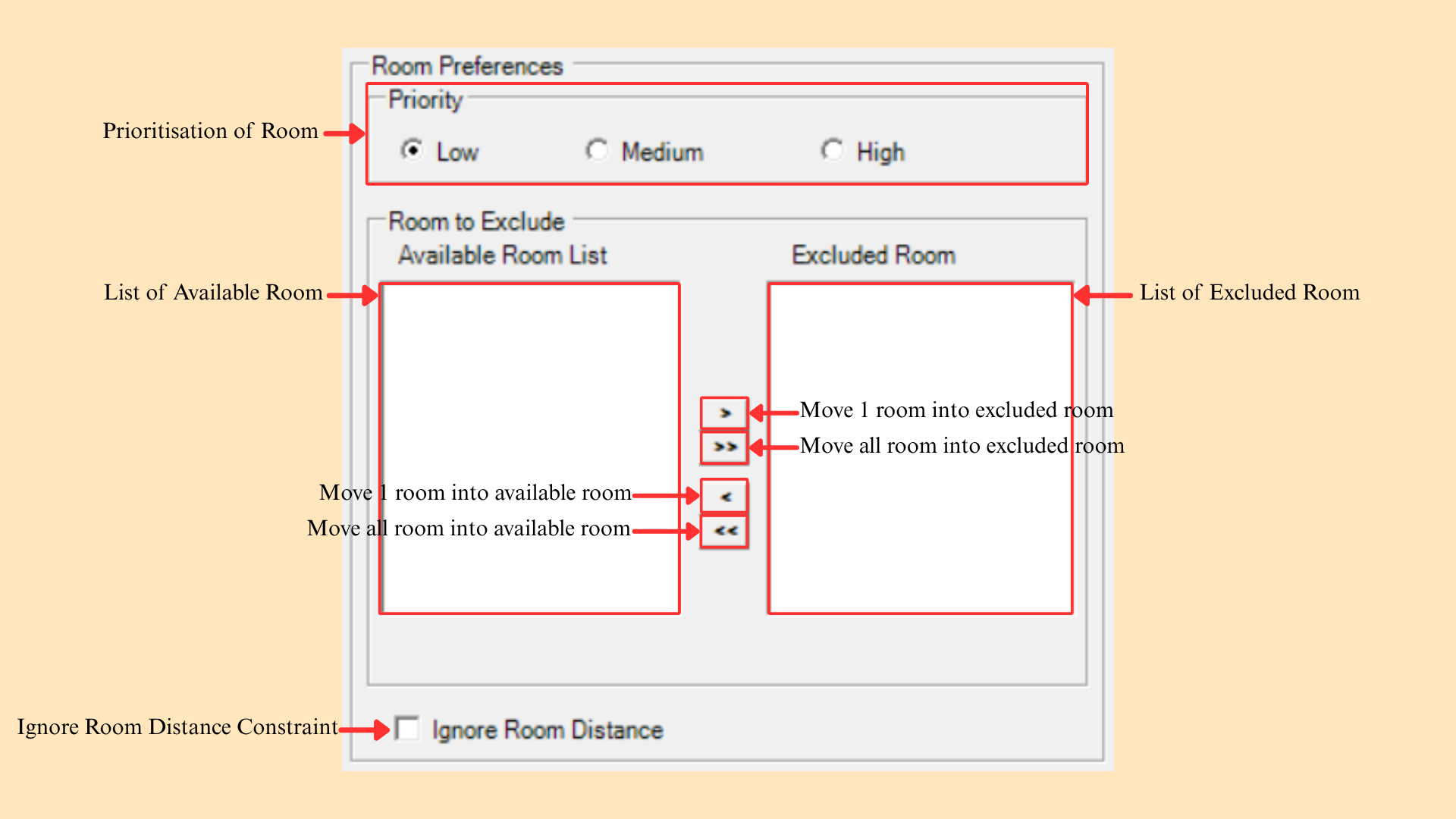 Room Preferences panel with Priority, the Available Room List and Excluded Room lists, and Ignore Room Distance