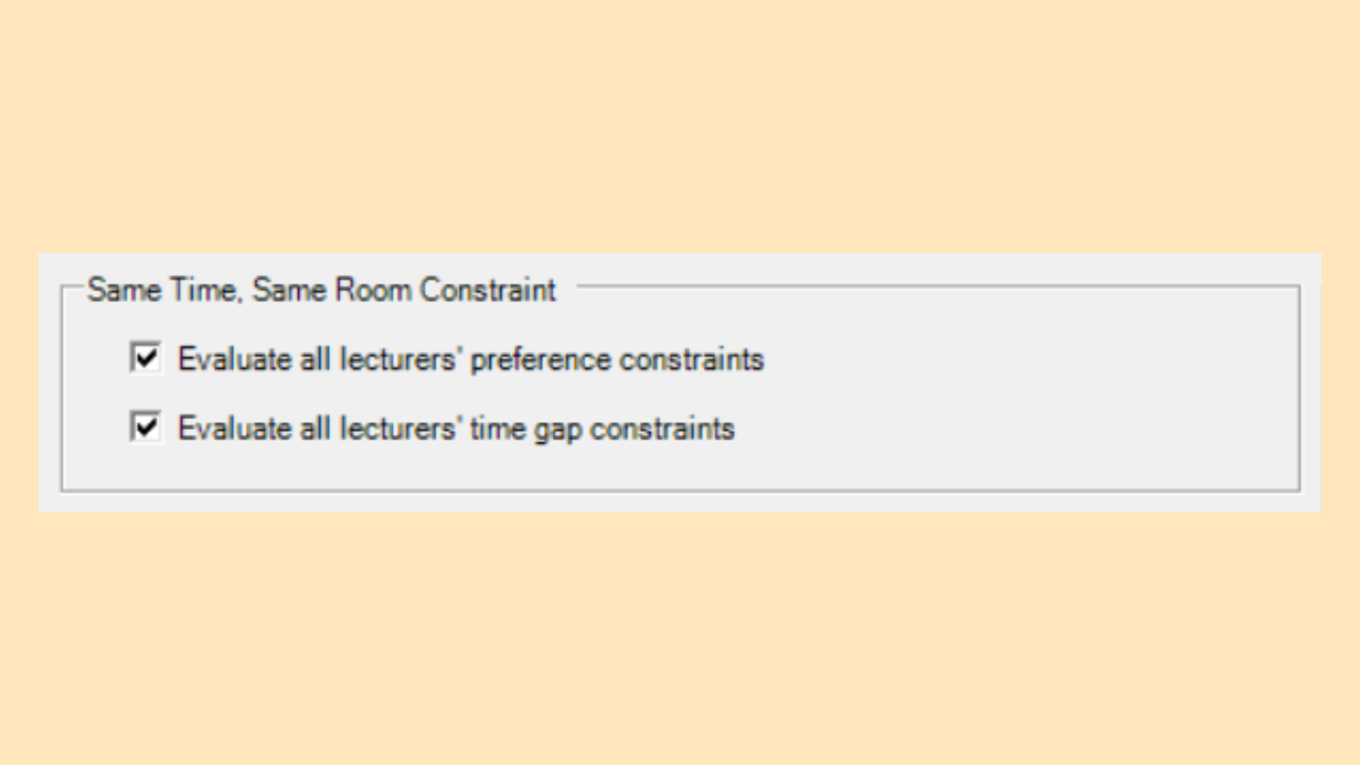 Same Time, Same Room Constraint panel with two checkboxes