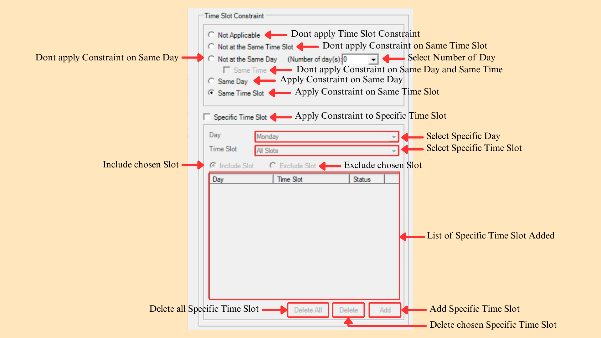 Time Slot Constraint panel showing the constraint modes and the Specific Time Slot list
