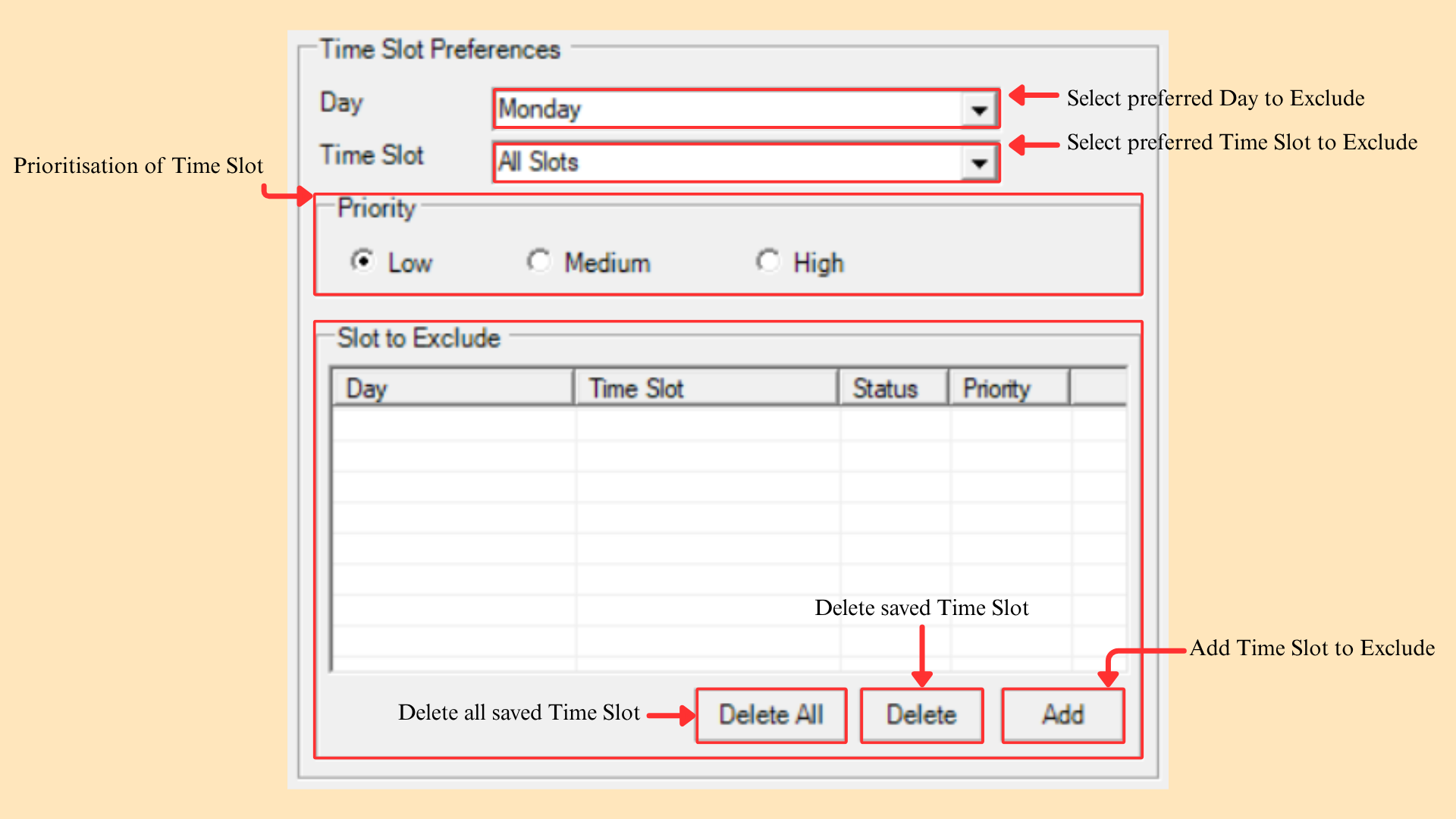 Time Slot Preferences panel with Day, Time Slot, Priority and the Slot to Exclude list