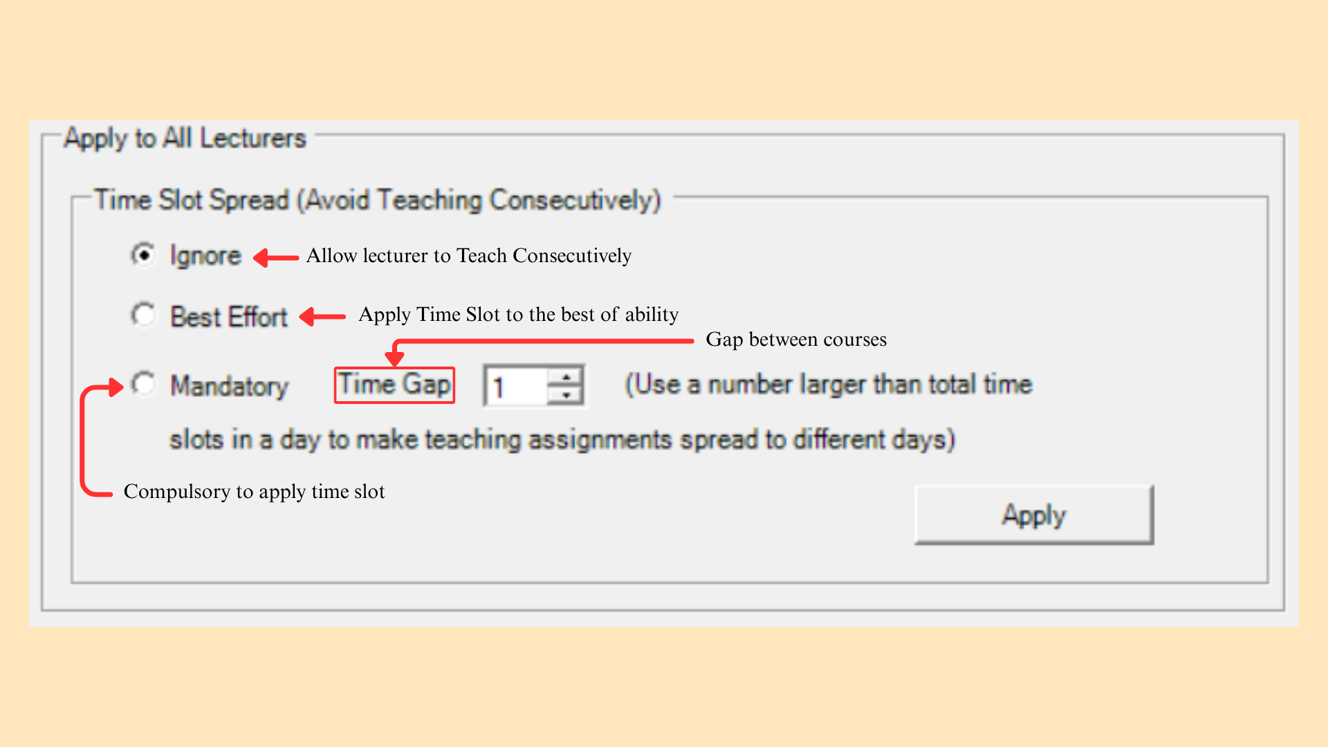 Time Slot Spread panel under Apply to All Lecturers with Ignore, Best Effort and Mandatory options