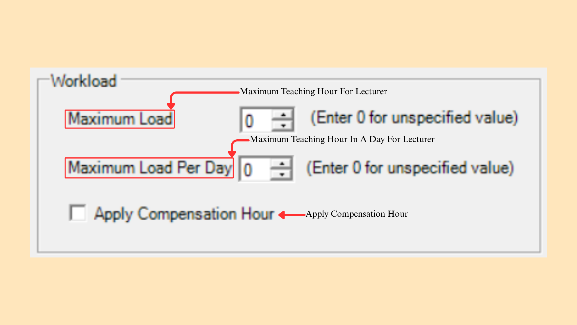 Workload panel with Maximum Load, Maximum Load Per Day and Apply Compensation Hour