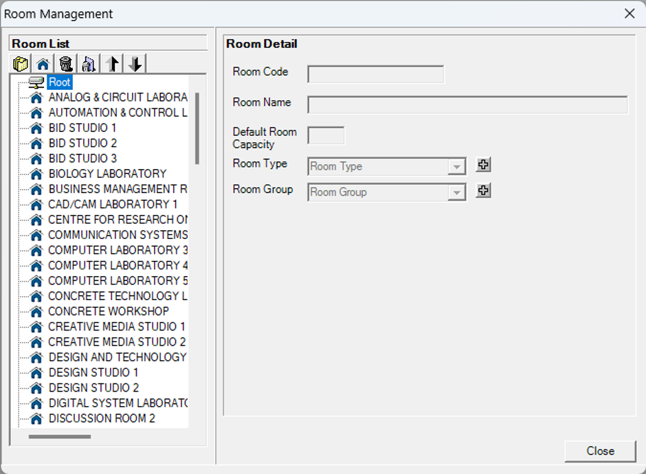 Room list displayed under Root
