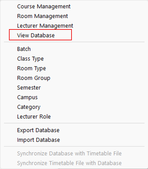 View Database selected in the Database drop-down menu