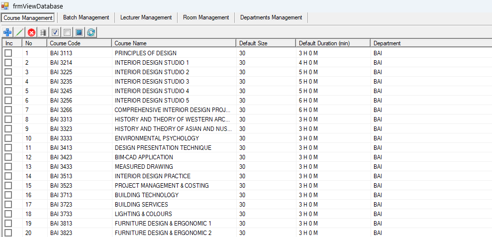 Course Management tab of the View Database window
