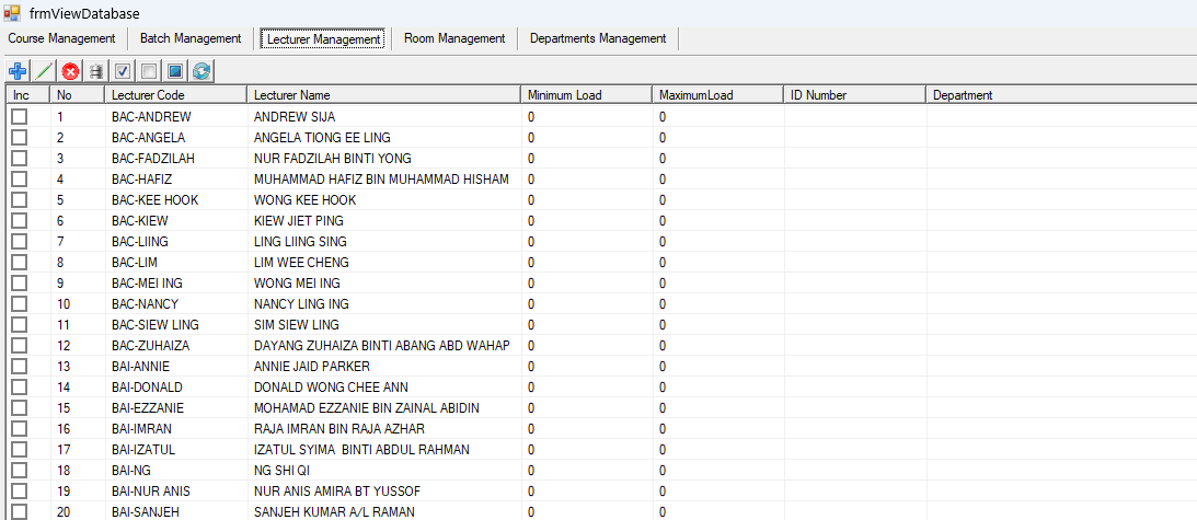 Lecturer Management tab of the View Database window