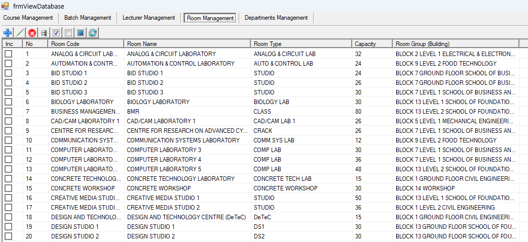 Room Management tab of the View Database window