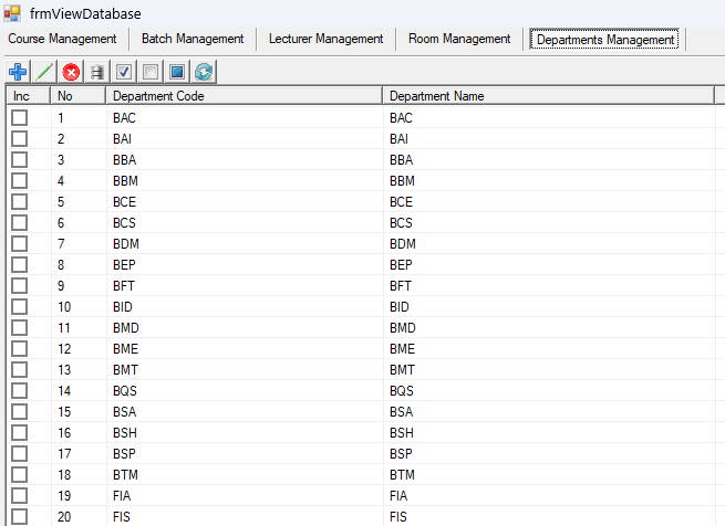 Departments Management tab of the View Database window