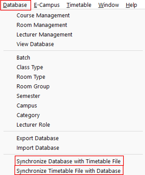 Synchronization commands in the Database menu