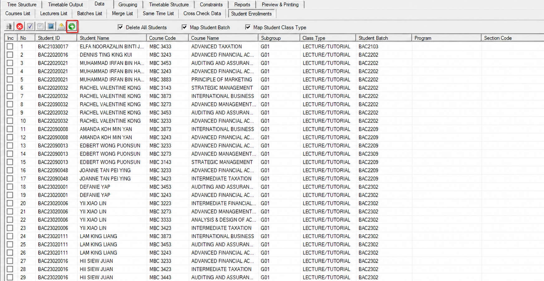 Generate Data icon highlighted on the Student Enrollments toolbar