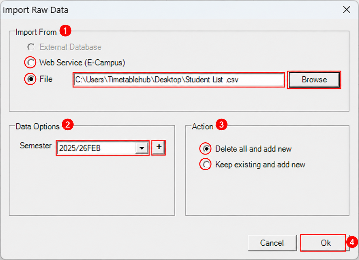Import Raw Data window with the Import From, Data Options and Action sections