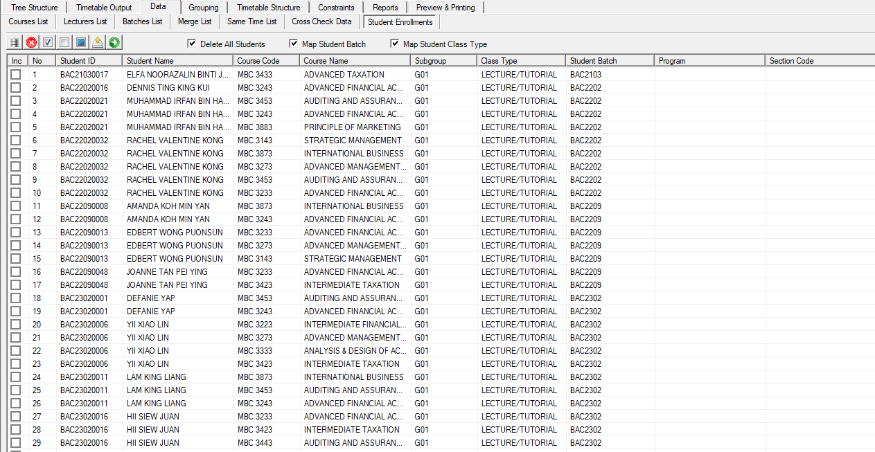 Student Enrollments list filled with the imported student records