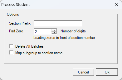Process Student window with the Section Prefix, Pad Zero and mapping options