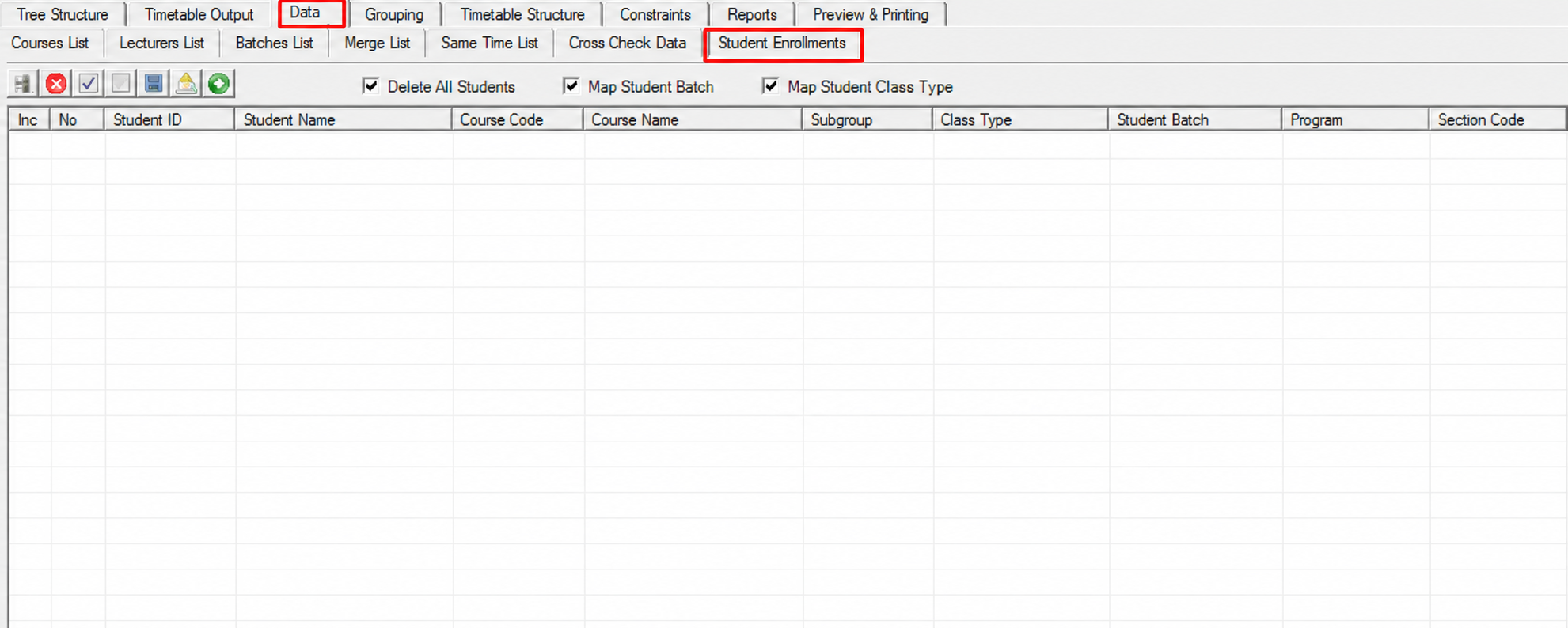 Student Enrollments tab under the Data tab