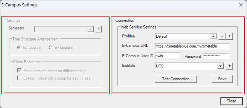 E-Campus Settings Window