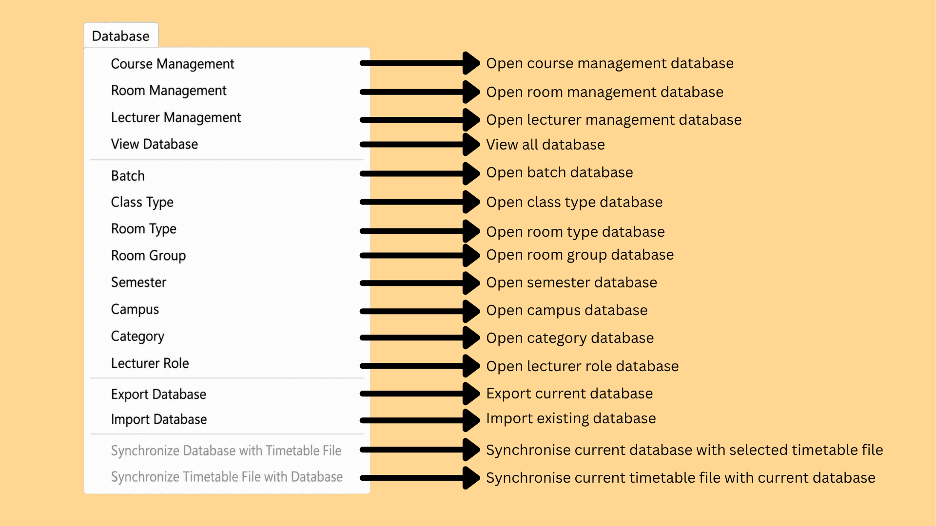 Database menu options