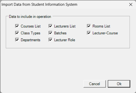 Import Data from Student Information System window with the data selection checkboxes