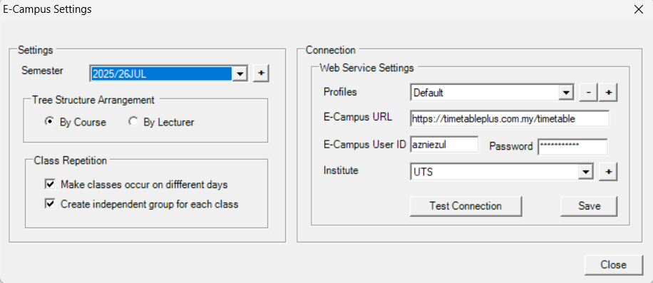 E-Campus Settings window showing the Settings and Connection sections