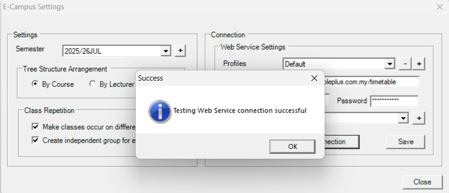 E-Campus service testing and successful connection message