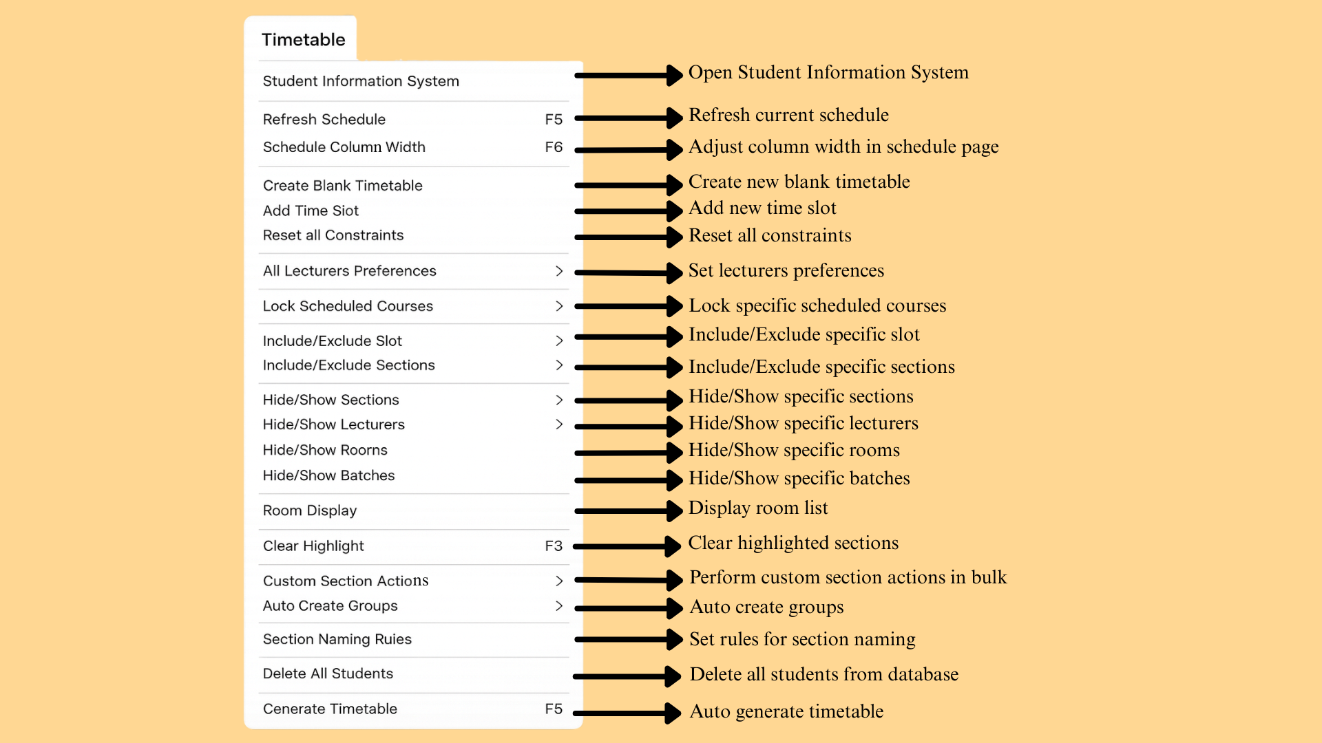 Timetable menu options