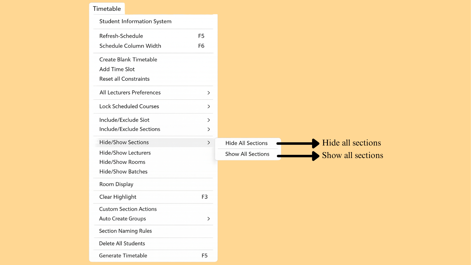 Timetable menu - Hide/Show Sections option