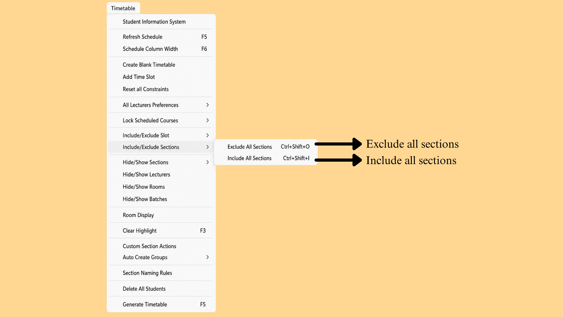 Timetable menu - Include/Exclude Sections option