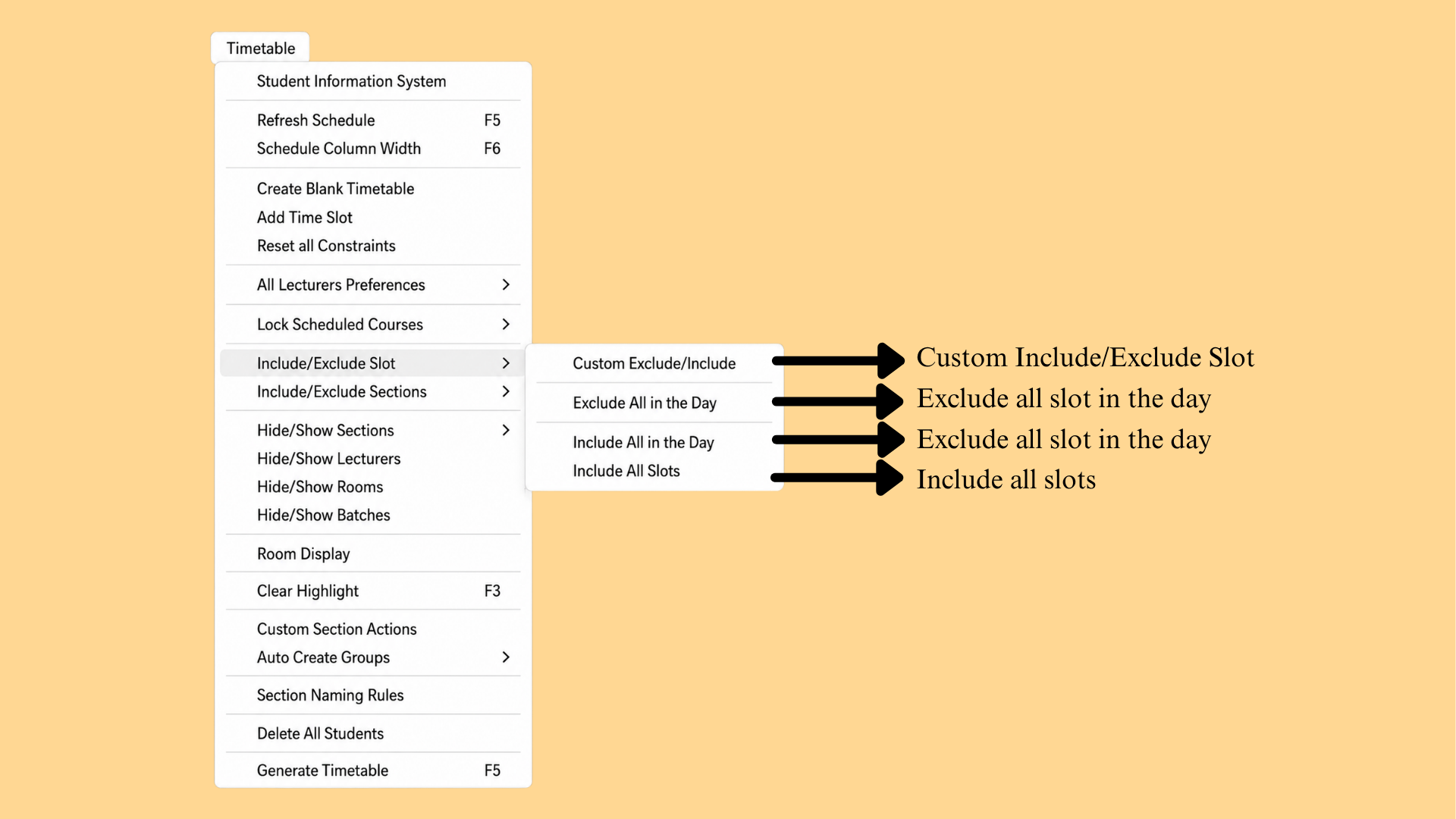 Timetable menu - Include/Exclude Slot option