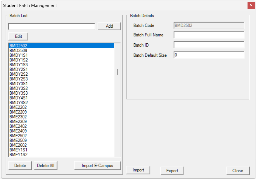 Student Batch Management window shown after clicking Batch Management
