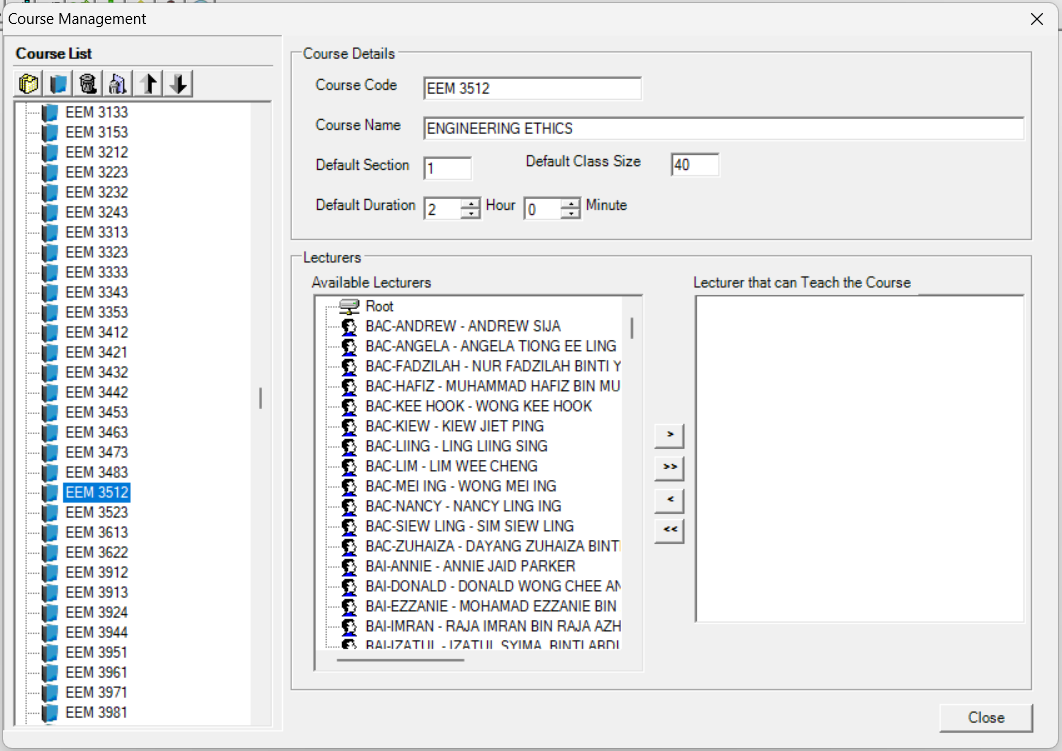 Course Management window shown after clicking Courses Management