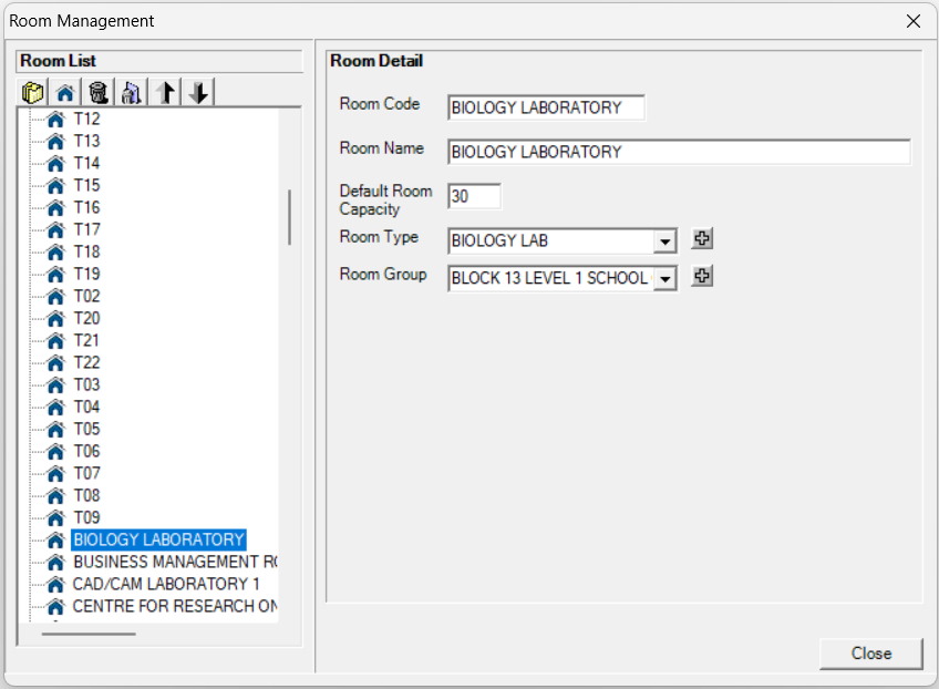 Room Management window shown after clicking Rooms Management