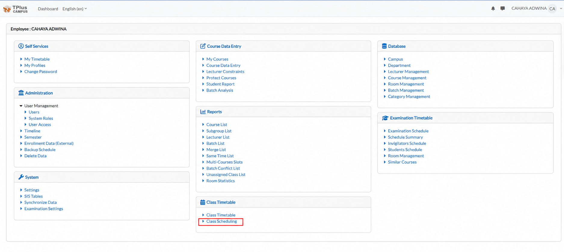 E-Campus dashboard with Class Scheduling highlighted