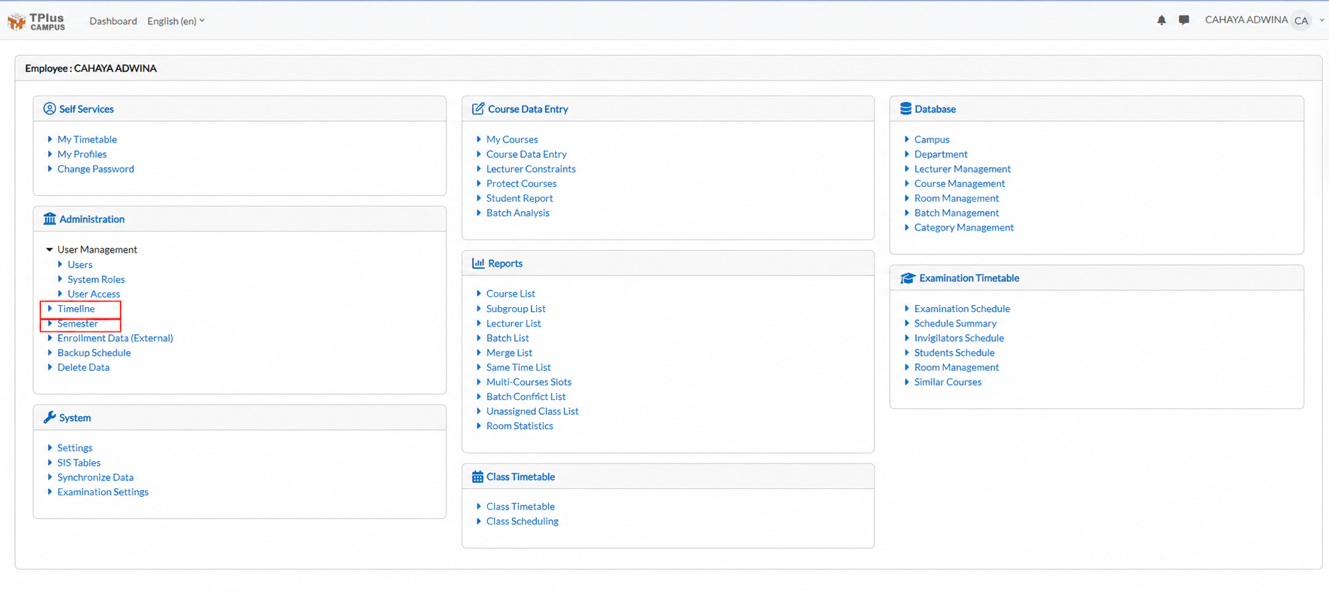 E-Campus dashboard with Timeline and Semester highlighted under Administration