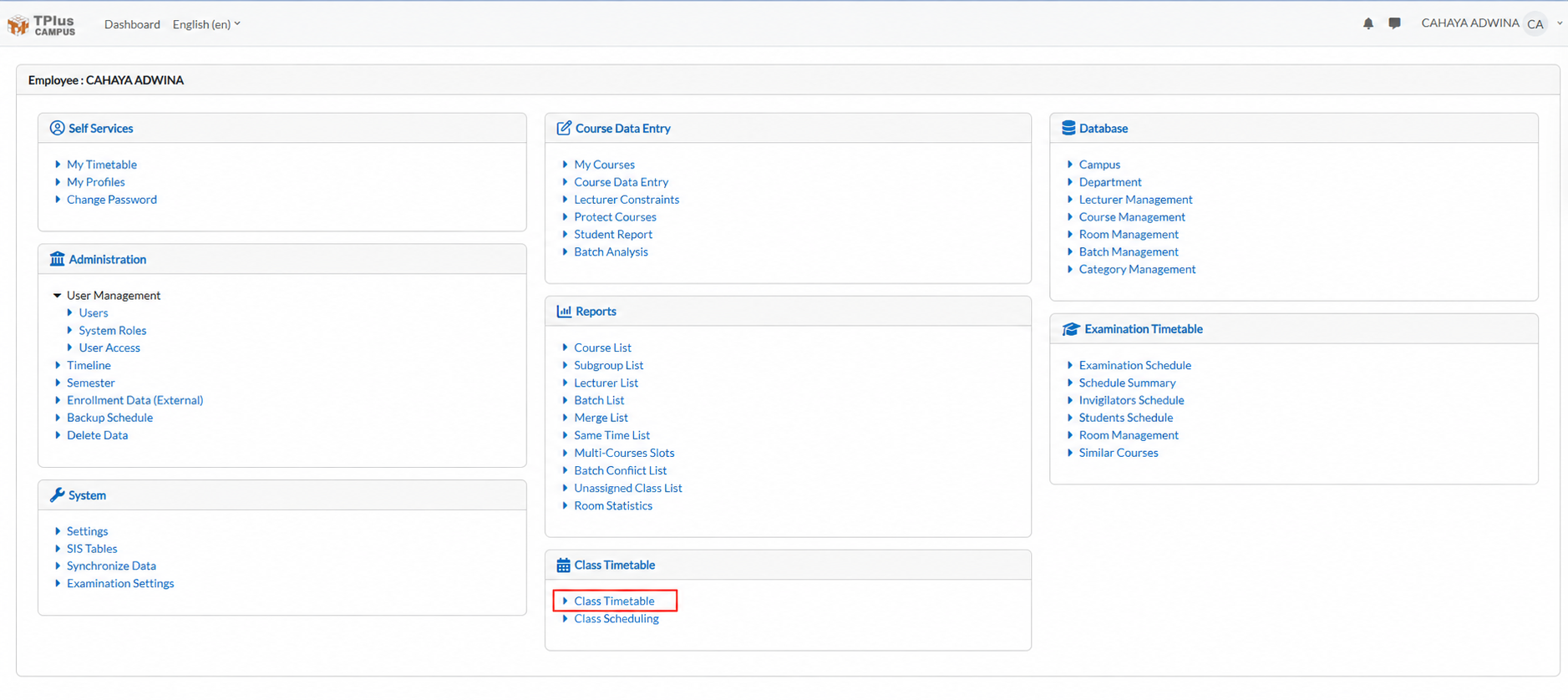 E-Campus dashboard with Class Timetable highlighted