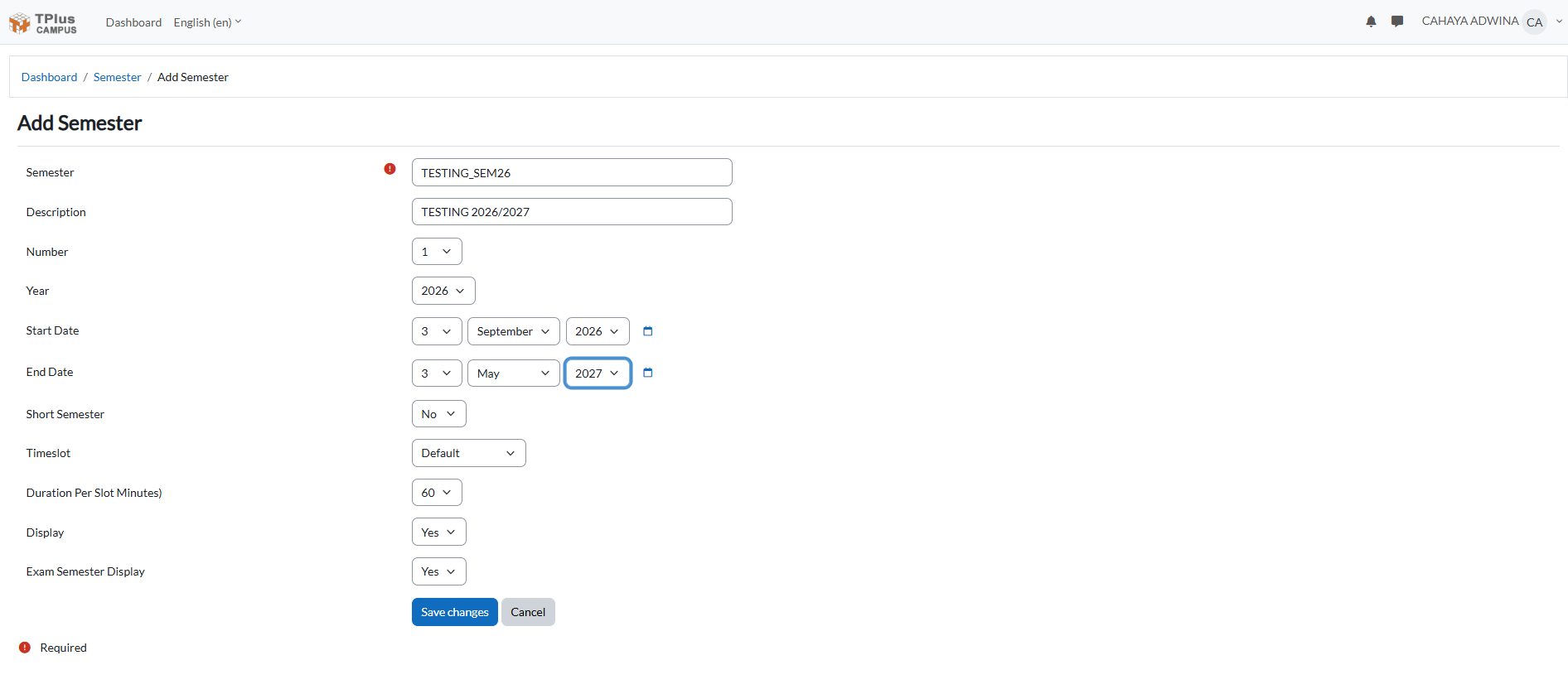 Add Semester form in E-Campus with the semester name, dates and timeslot filled in