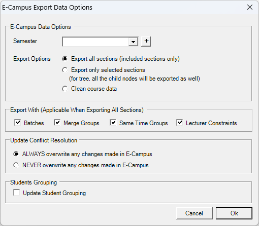 E-Campus Export Data Options window with the Semester field and the plus button