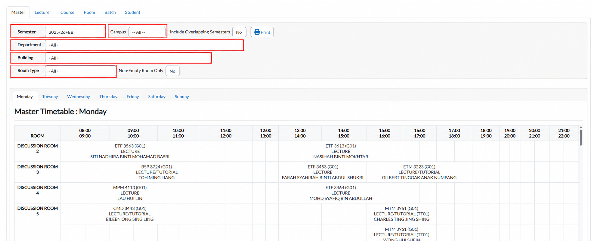 Master tab of the E-Campus Timetable page with the Semester, Campus, Department, Building and Room Type filters highlighted