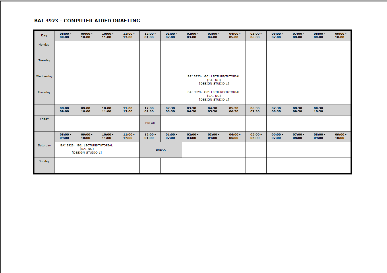 Printed course timetable for BAI 3923 Computer Aided Drafting