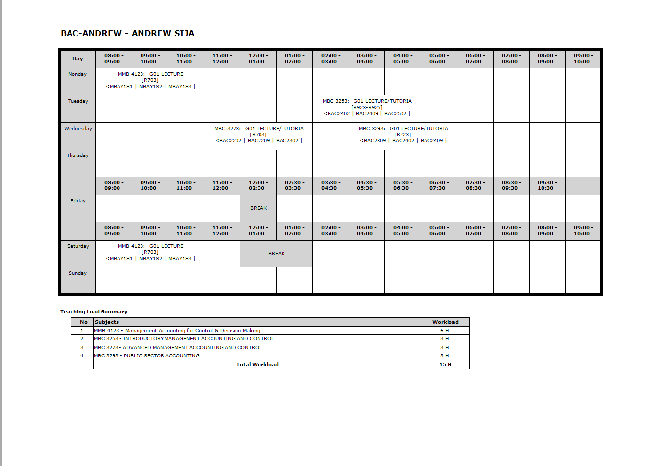 Printed lecturer timetable for BAC-ANDREW with its Teaching Load Summary