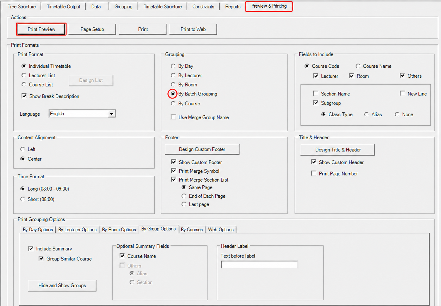 Preview and Printing tab with Grouping set to By Batch Grouping