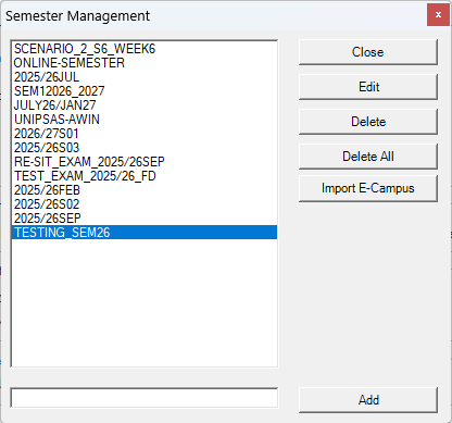 Semester Management list after the import, with TESTING_SEM26 selected