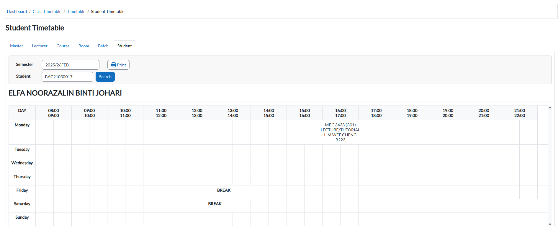 Student tab of the E-Campus Timetable page showing one student's weekly timetable