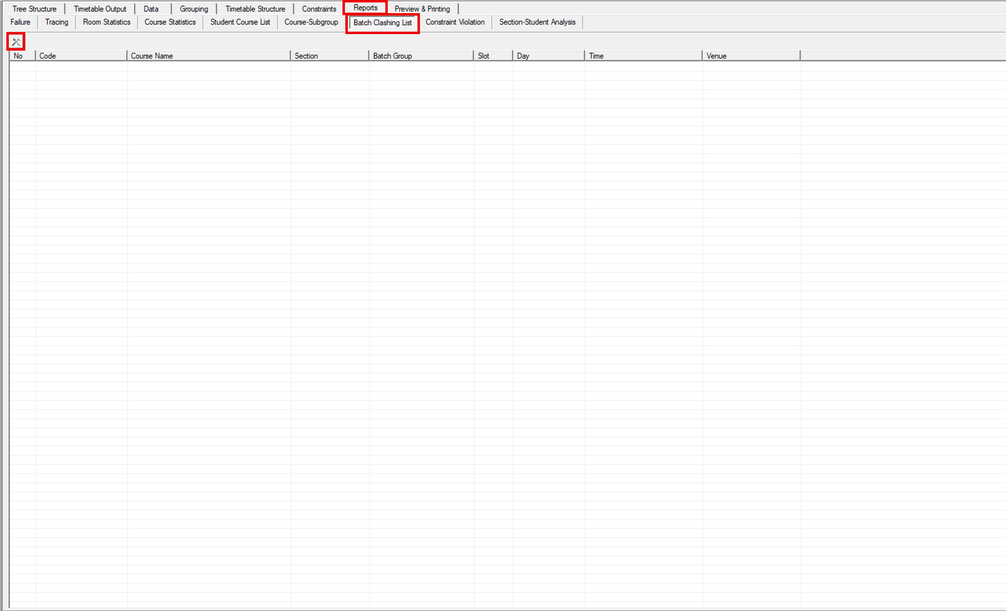 Empty Batch Clashing List with the detect icon on the toolbar highlighted