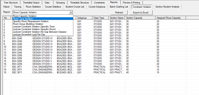 Constraint Violation sub-tab with the Report drop-down open